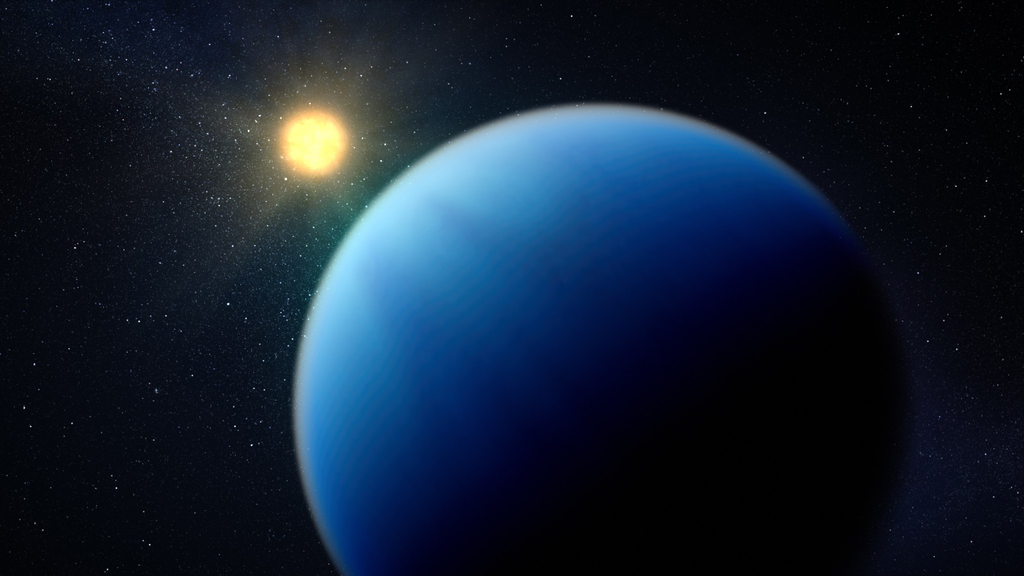 illustration of blue-hued planet illuminated by a yellow-hued star, against the black backdrop of space