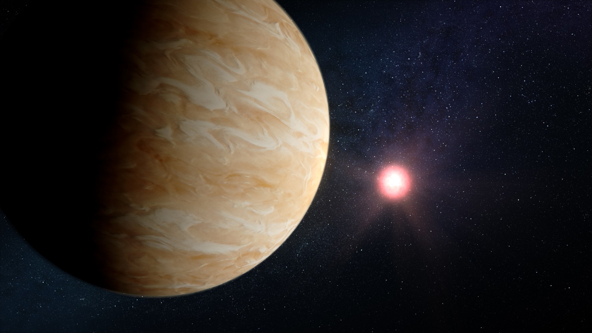 illustration of tan-hued planet illuminated by a white-red star, against the black backdrop of space