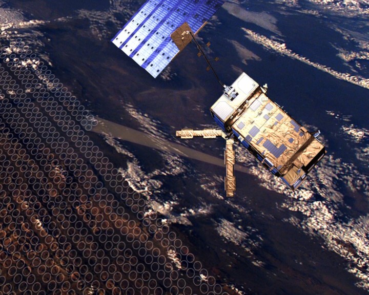 An illustration of the IASI in orbit. It has a roughly rectangular, gold spacecraft body with a thin arm extended out holding a square array of purple solar panels.