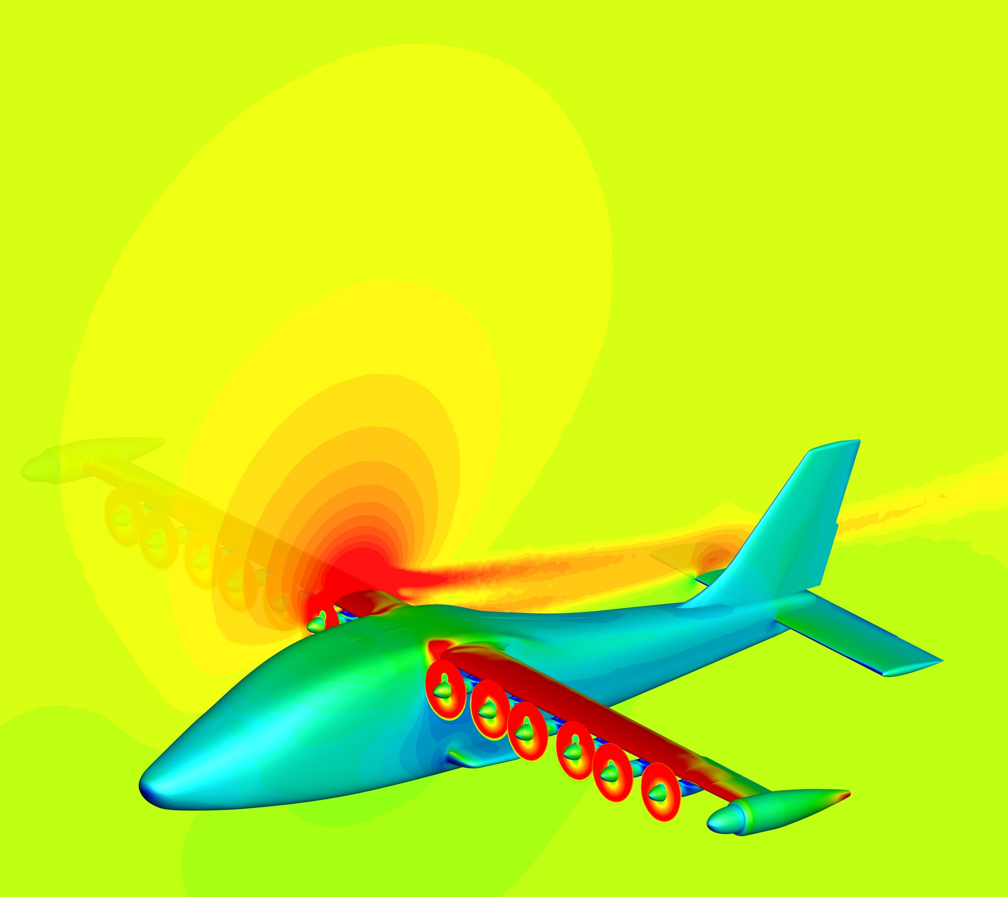 This simulation of NASA’s X-57 Maxwell airplane with all of the high-lift propellers operating.