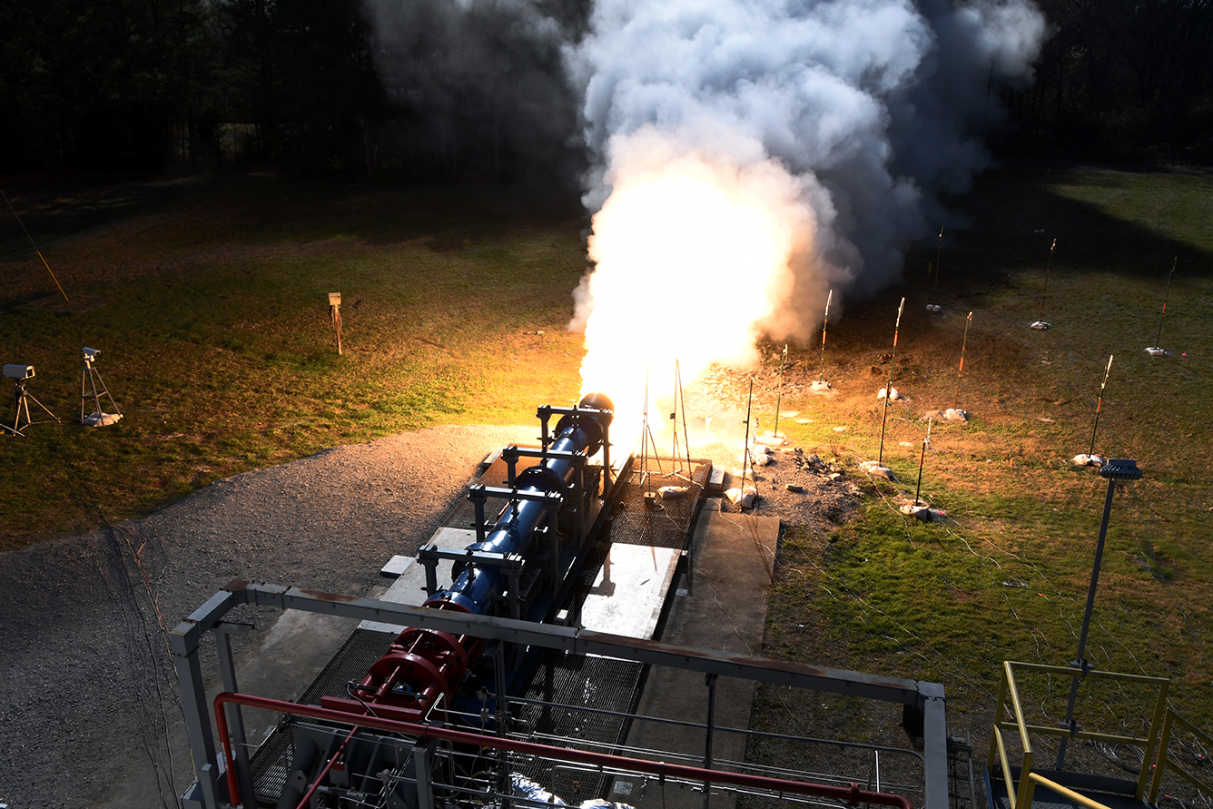 NASA engineers successfully complete a 24-inch diameter subscale solid rocket test Dec. 2 at Marshall’s East Test Area.
