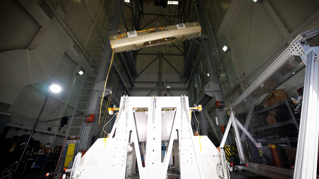 A mock rocket is thrown into the air at NASA’s Jet Propulsion Laboratory