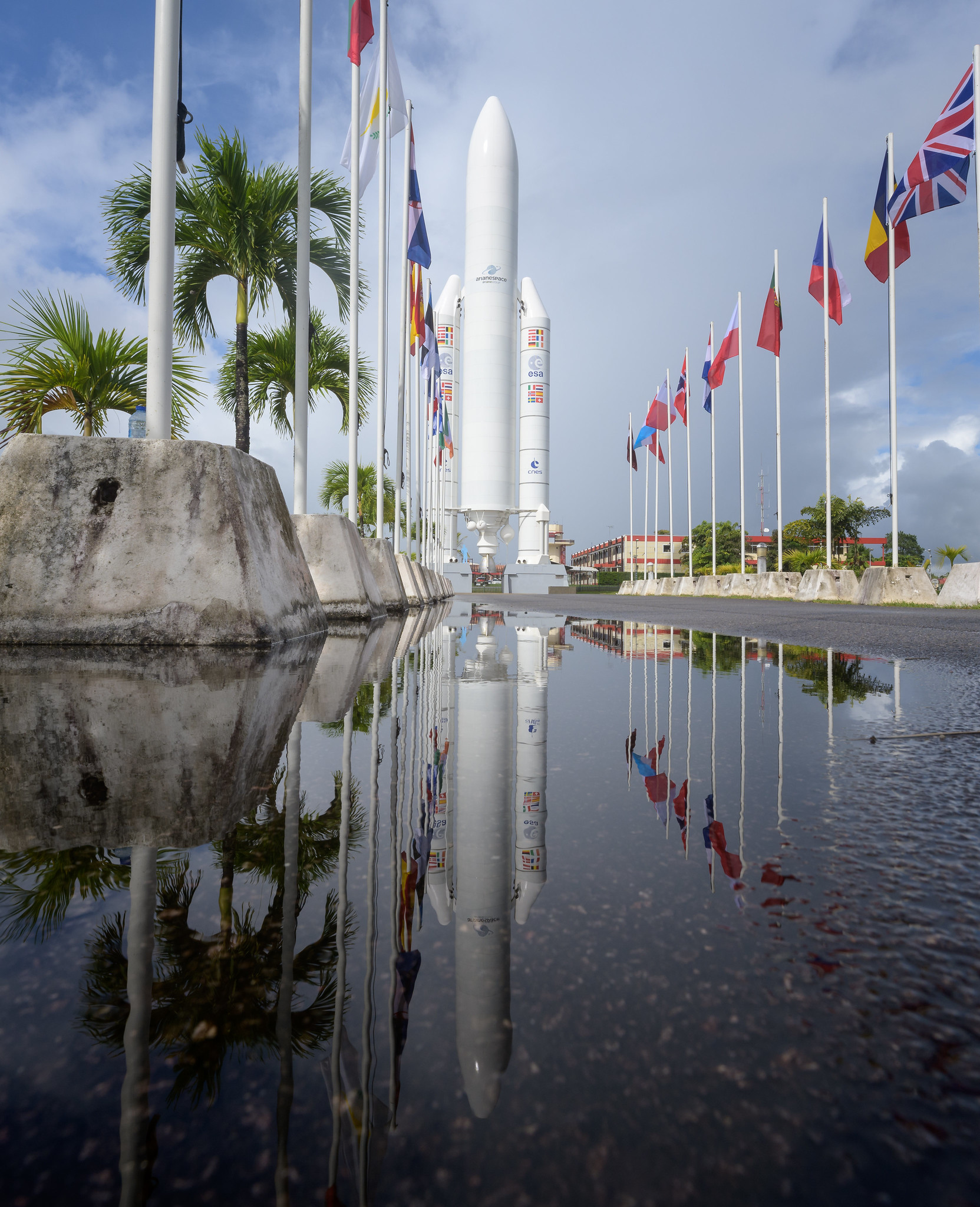A mockup of Arianespace's Ariane 5 rocket is seen at the entrance to the Guiana Space Center in Kourou, French Guiana, Tuesday, Dec. 21, 2021.
