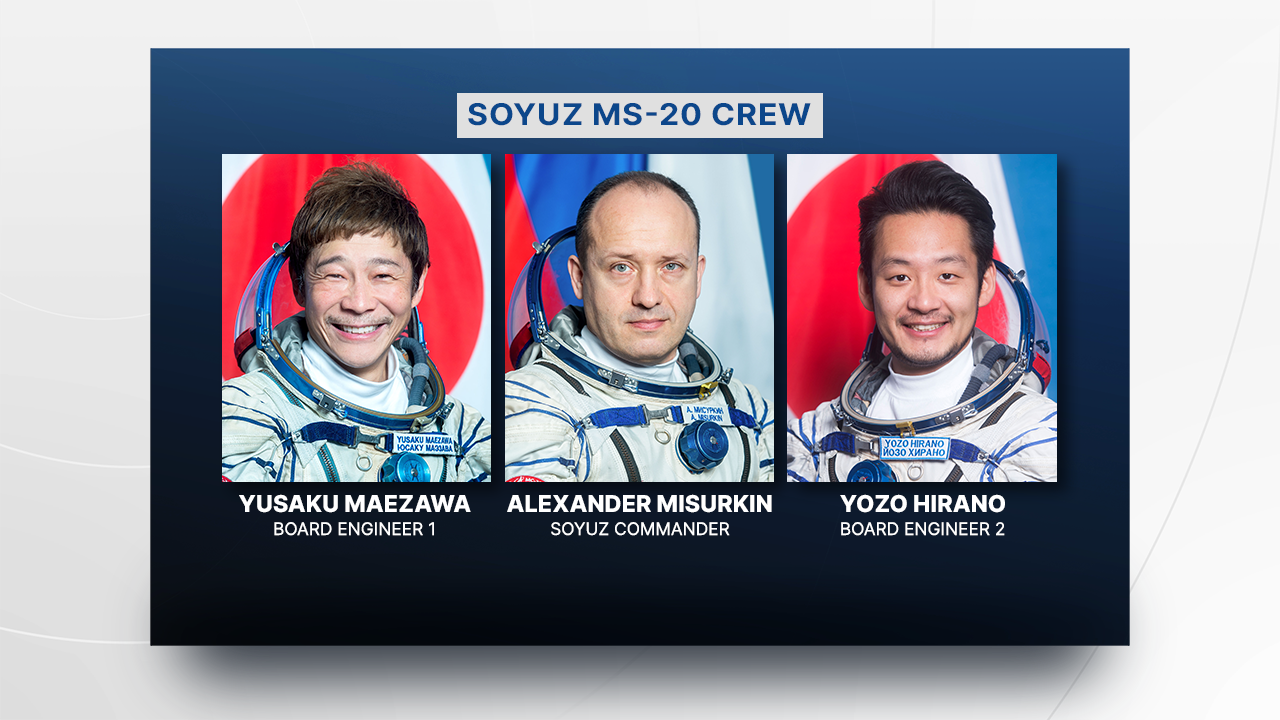 At center, Soyuz Commander Alexander Misurkin and spaceflight participants Yusaku Maezawa (left) and Yozo Hirano (right) pose for individual preflight portraits.