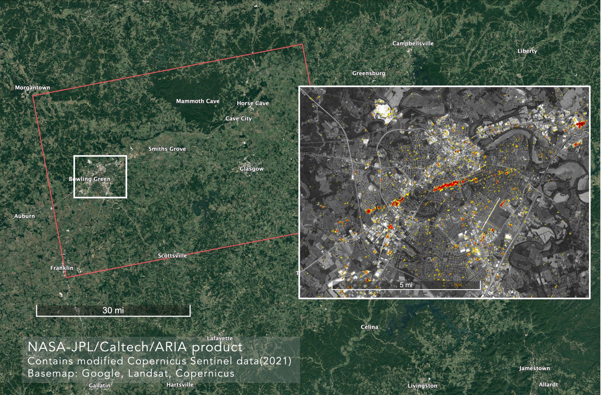 Damage proxy map shows the effects of the tornado around Bowling Green, Kentucky. An inset box shows a map of damage, making a clear line of destruction in reds and yellows.