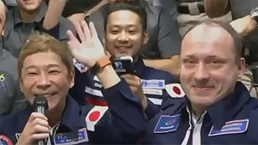 Cosmonaut Alexander Misurkin and spaceflight participants Yusaku Maezawa and Yozo Hirano are pictured aboard the station on Dec. 8, 2021. Credit: NASA TV