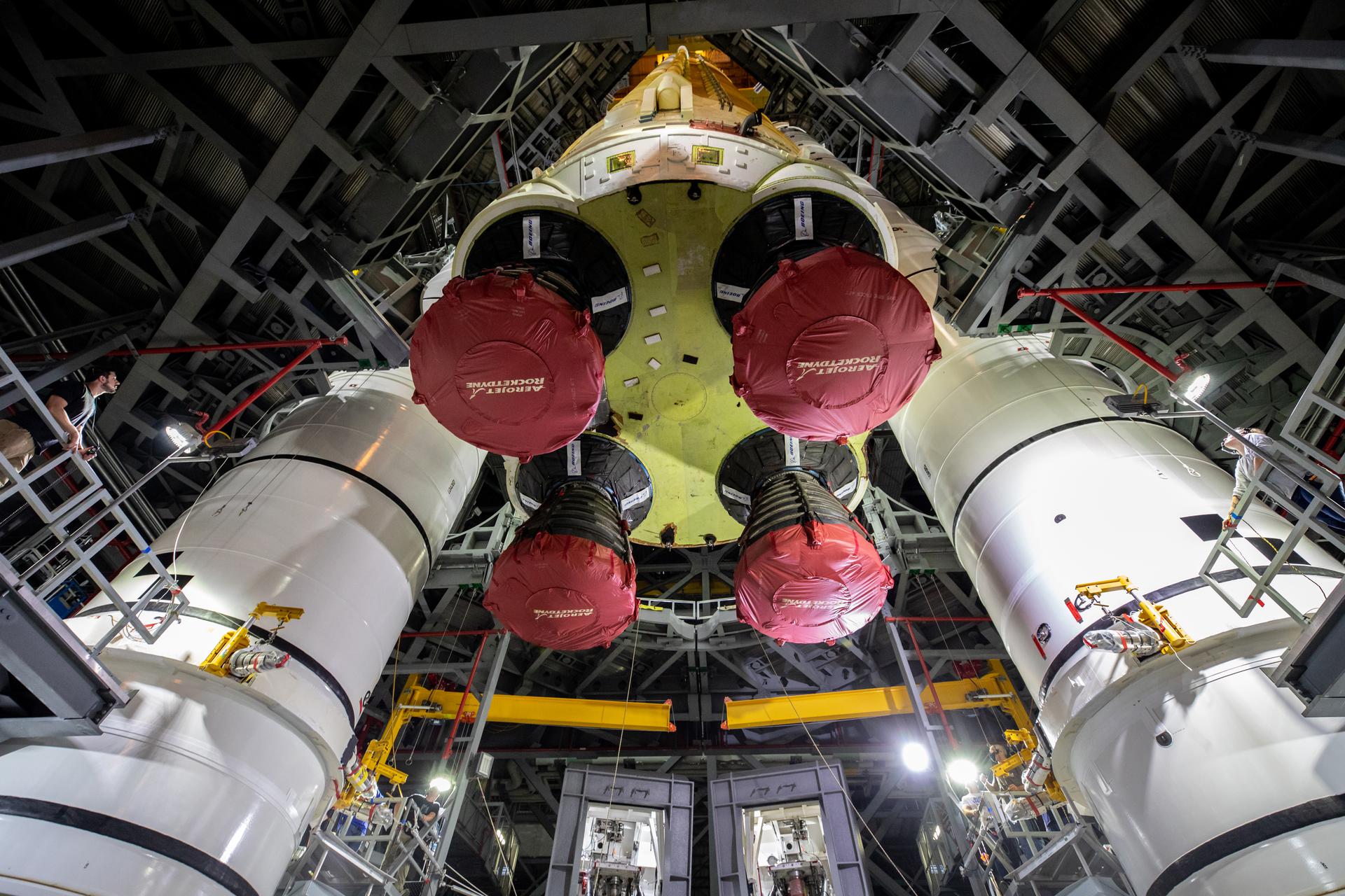 Space Launch System core stage stacking inside the VAB