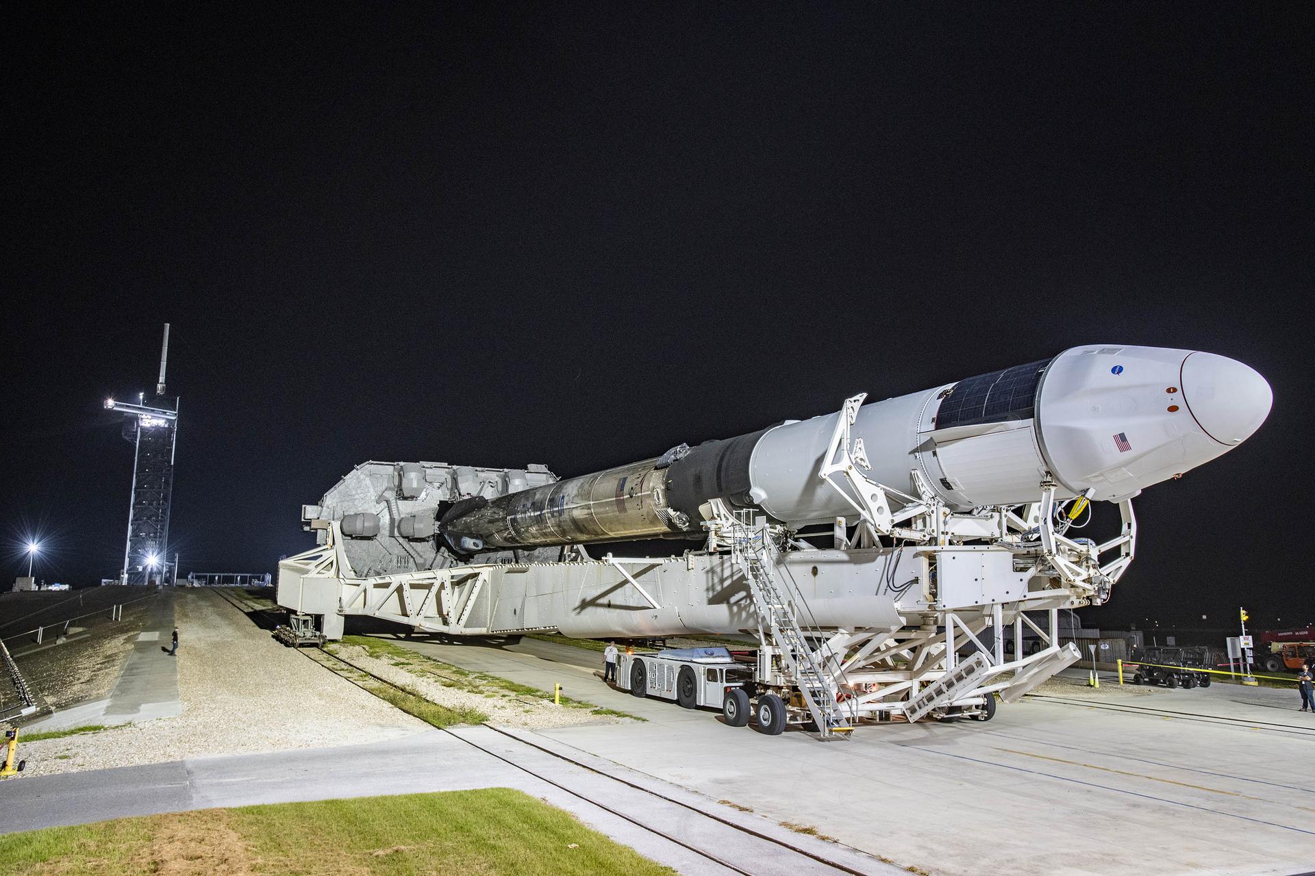 SpaceX’s Cargo Dragon spacecraft, seen atop a Falcon 9 rocket, at the launch pad at NASA’s Kennedy Space Center in Florida on Aug. 24, 2021, in preparation for the company’s 23rd commercial resupply services mission.