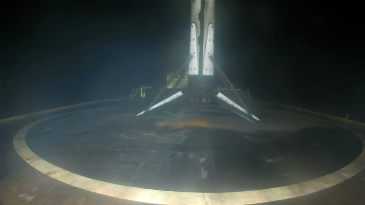 SpaceX’s Falcon 9 rocket’s first stage lands on the company’s “Just Read the Instructions” droneship in the Atlantic Ocean.