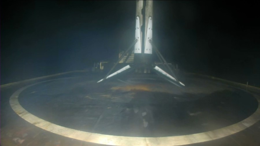SpaceX’s Falcon 9 rocket’s first stage lands on the company’s “Just Read the Instructions” droneship in the Atlantic Ocean.