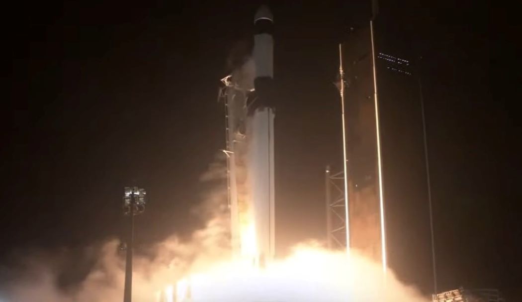 A SpaceX Dragon resupply spacecraft launches on a Falcon 9 rocket.