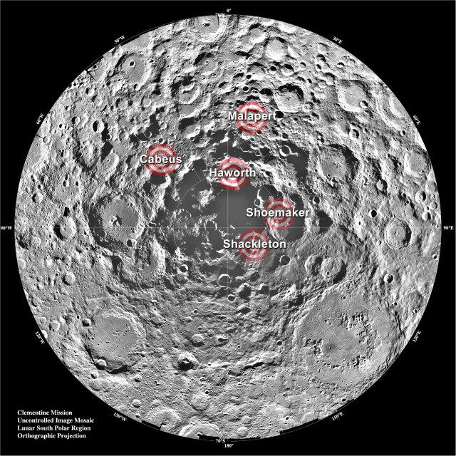 Map of lunar south polar region with five potential landing sites marked