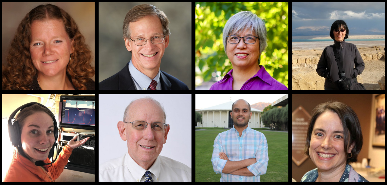 Headshots of AGU 2021 Awardees, Top from left to right  Andrea Donnellan,  James A. Klimchuk, Mei-Ching Hannah Fok, Mian Chin. Bottom from left to right:   Brooke Medley, Stanley Sander, Surendra Adhikari, Elizabeth MacDonald. 