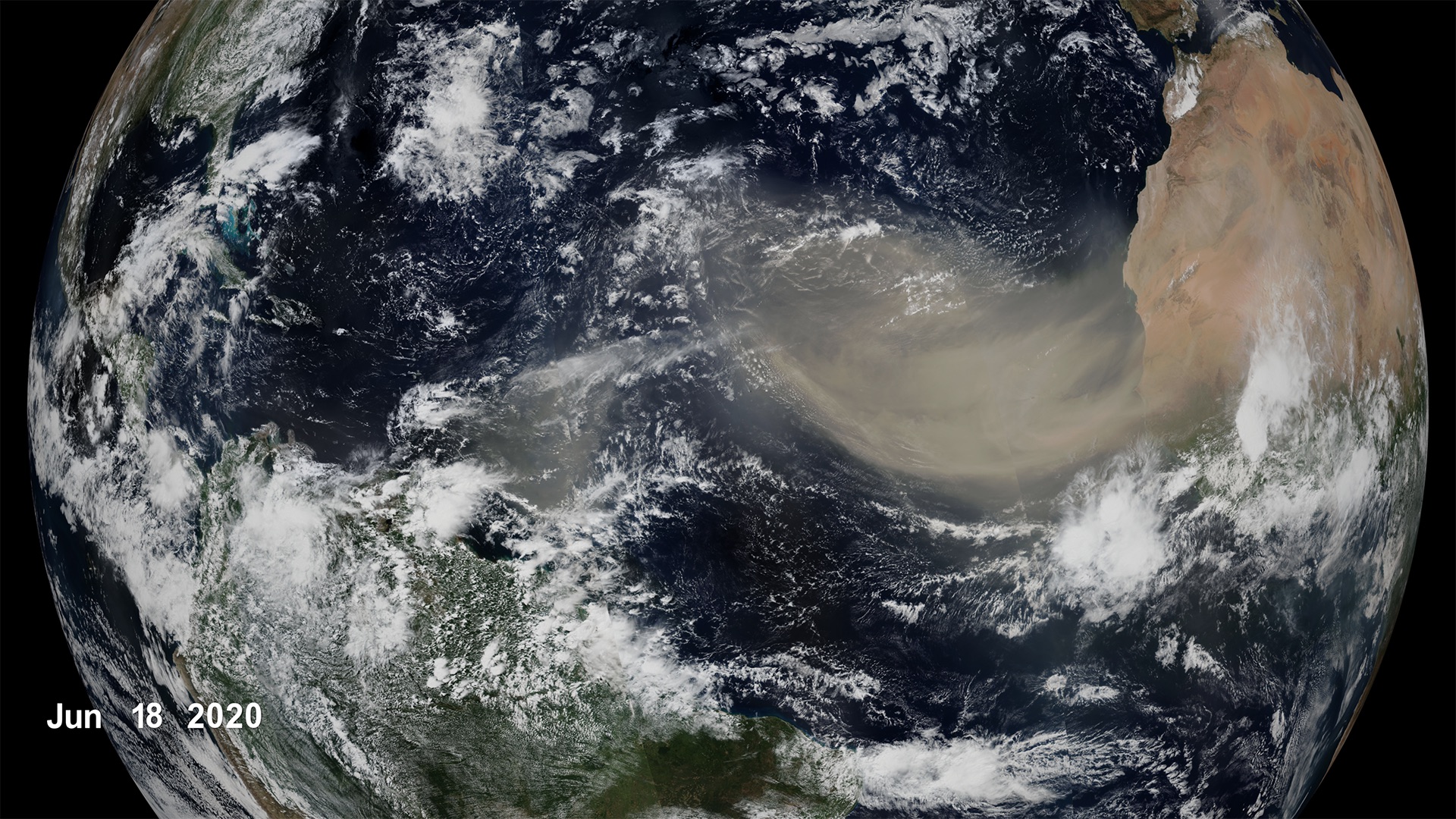 True color satellite imagery of a large brown dust storm stretching from West Africa halfway across the Atlantic Ocean.