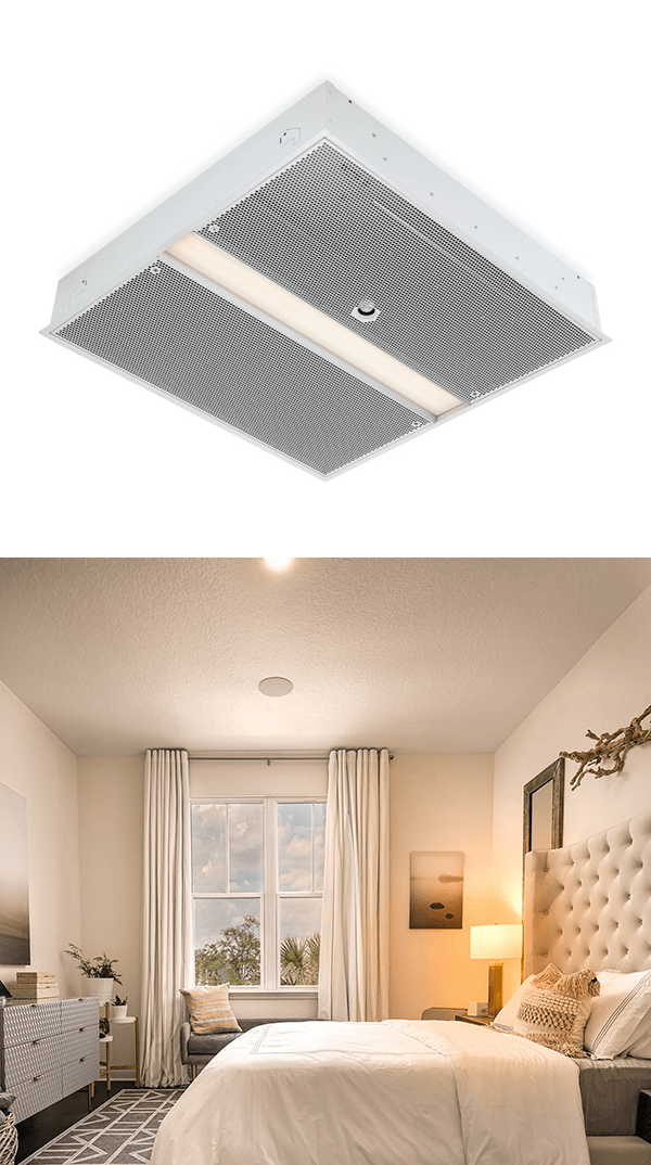 Light fixture and image of a bedroom with lighting.