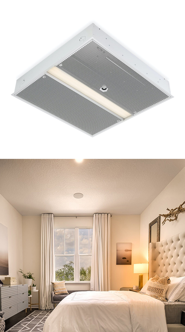 Light fixture and image of a bedroom with lighting.