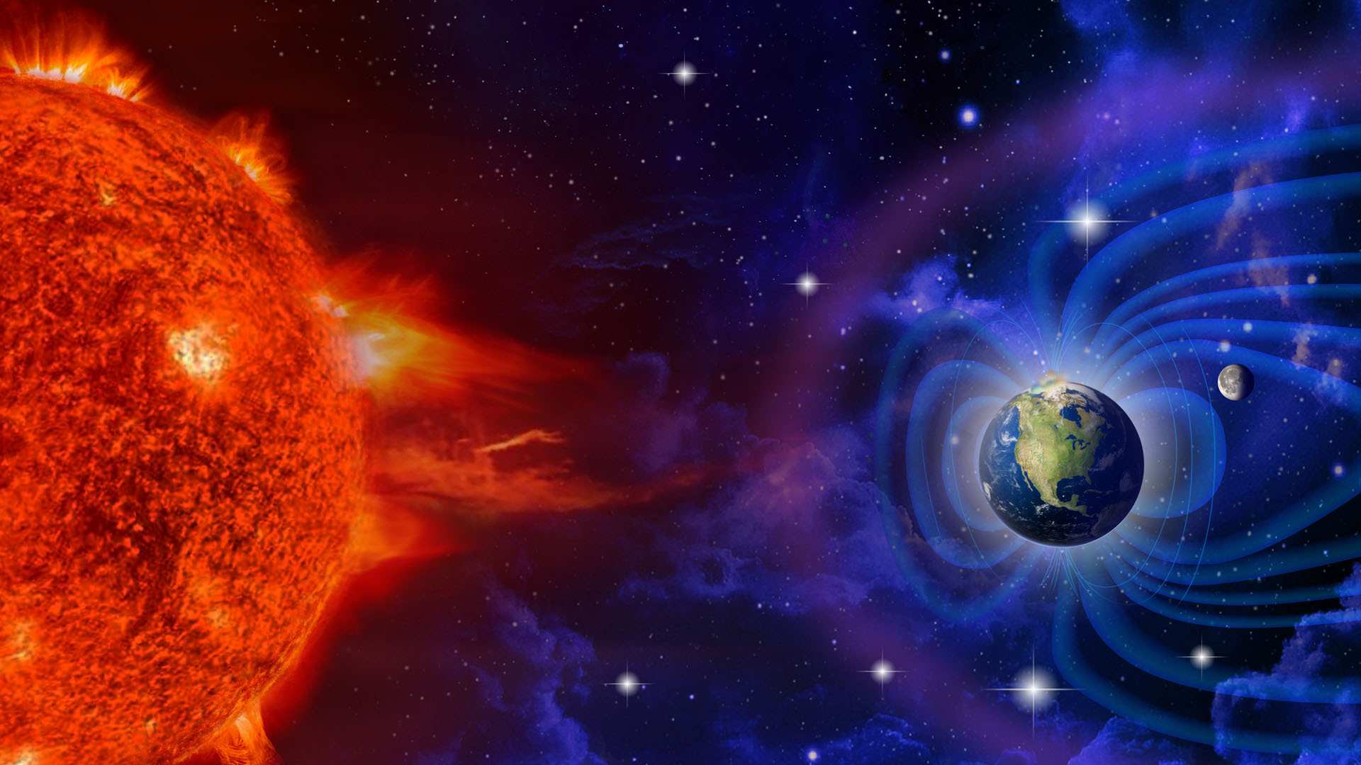 An illustration shows the Sun in red on the left and Earth and the Moon on the right, with blue magnetic field lines shown around Earth.