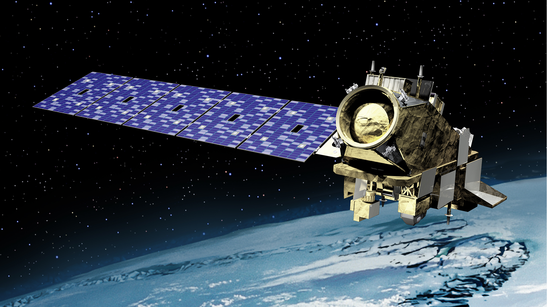 An artist illustration of a satellite with a single extended solar panel in space above Earth.