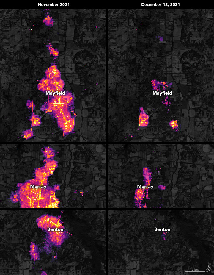 Night lights imagery from space shows the extent of power outages following the deadly tornados in the U.S. Midwest in a before and after comparison. The left side has three cities: Mayfield, Murray, and Benton, each showing full lights in pink and purple. On the right, the same three cities are much darker, with smaller and dimmer pink and purple.