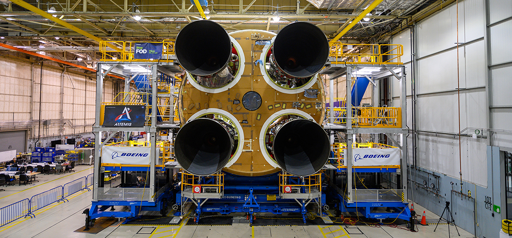 Four RS-25 engines attached to the core stage for Artemis I