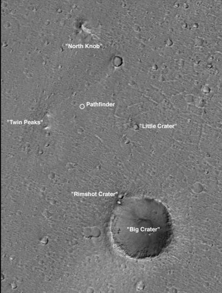 The general area
of Mars Pathfinder’s landing site in Ares Vallis, taken by Mars Global
Surveyor in April 1998.
