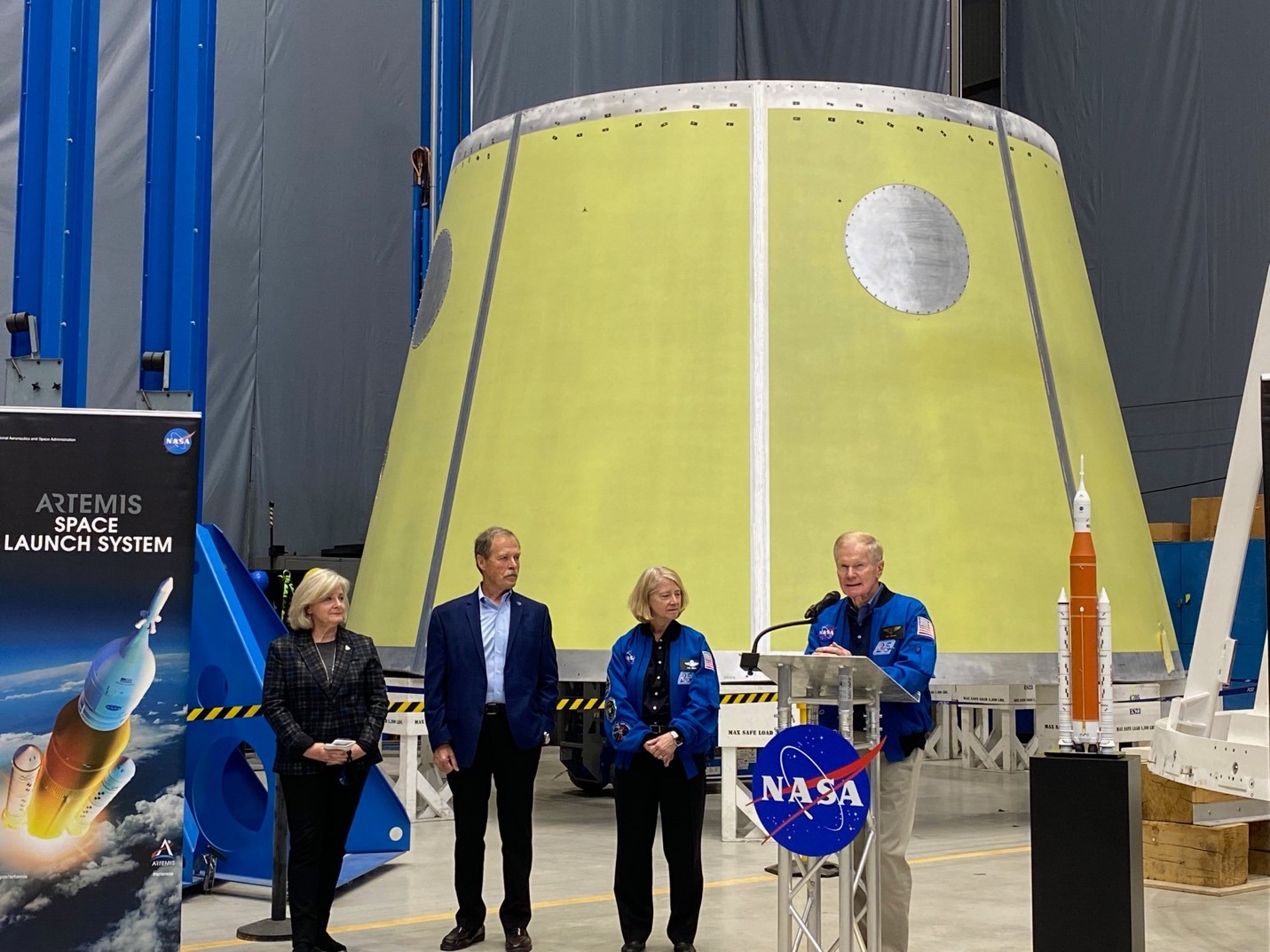 From left, Jody Singer, Robert “Hoot” Gibson, Pam Melroy; and NASA Administrator Sen. Bill Nelson address the media.