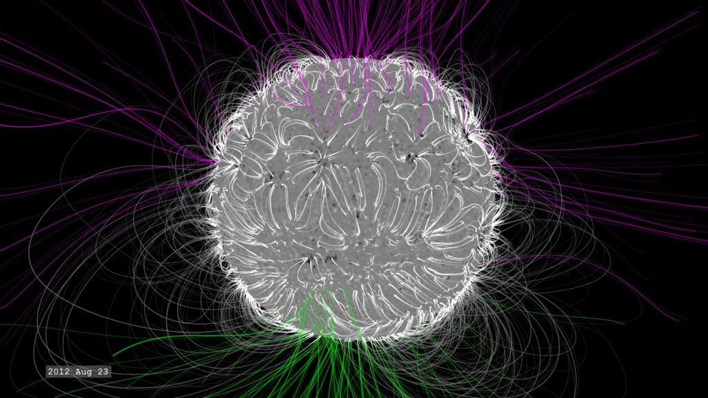 A visualization of the solar magnetic field in gray, green, and pink