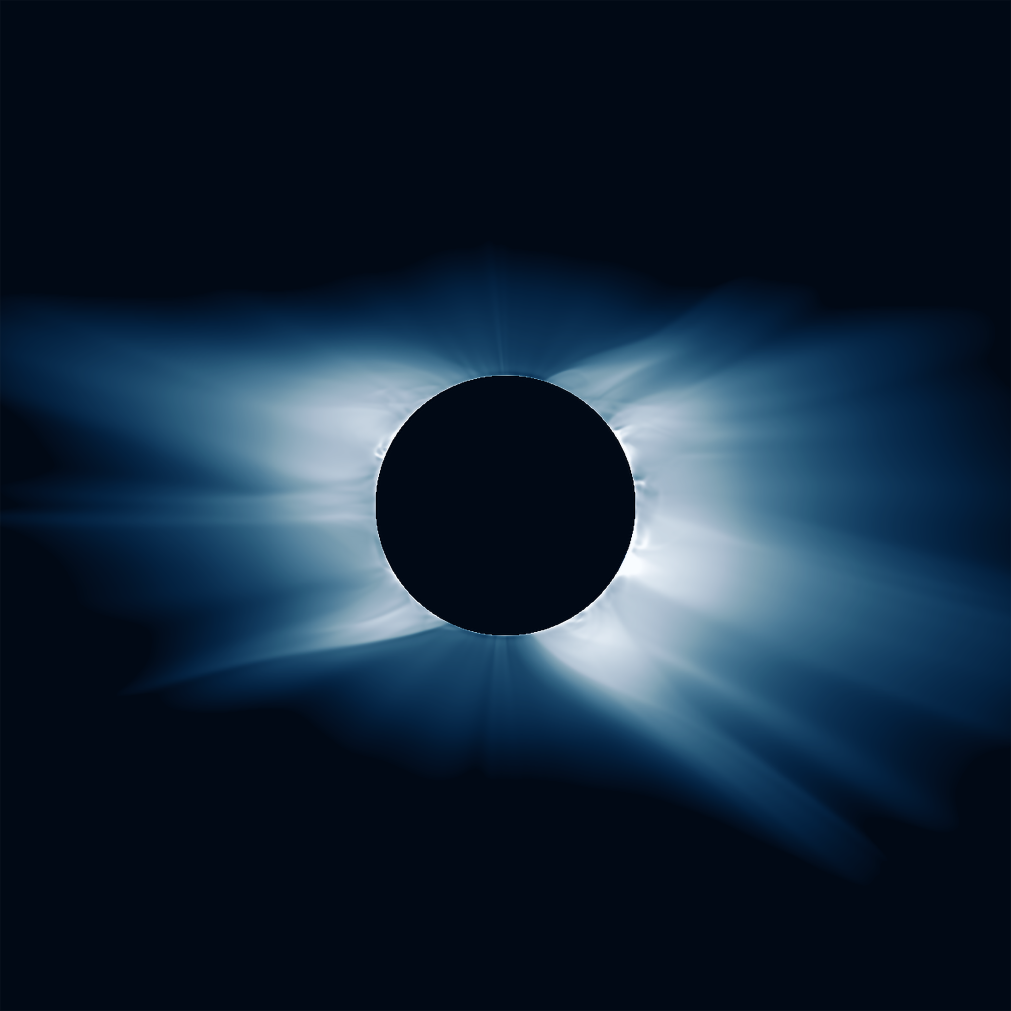 A simulated image of a total solar eclipse shows the obscured Sun as a black disk, with blue-white streamers extending to the left and right against a black sky.