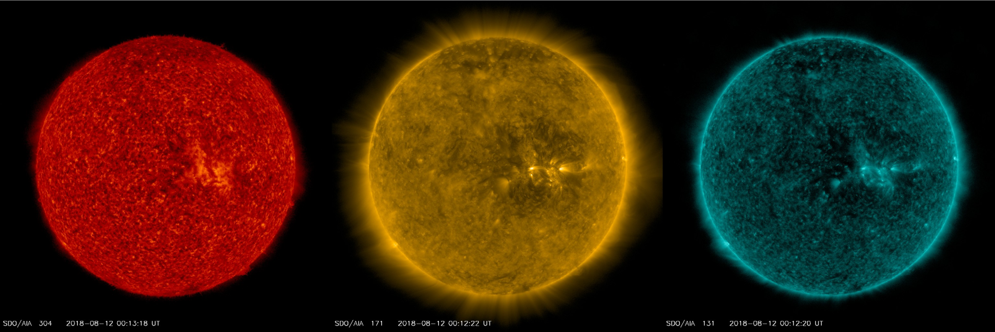 Three satellite images of the Sun show it glowing (from left to right) in red, gold, and aqua.