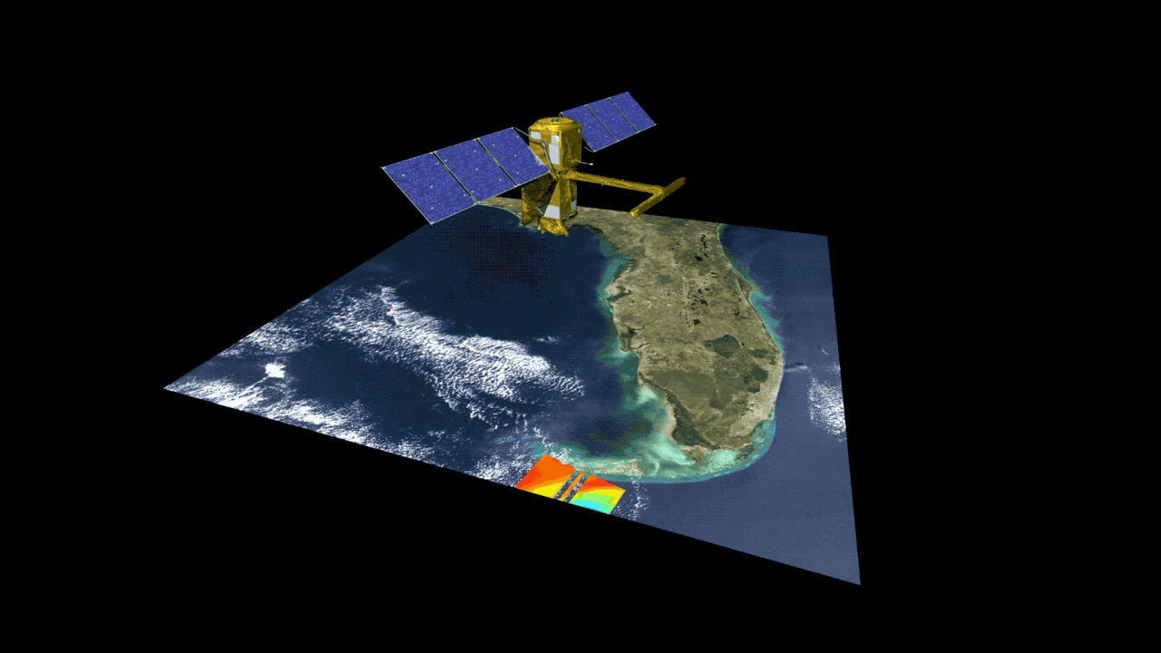 Illustration of the SWOT satellite taking measurements of water height over the ocean and freshwaters of Florida.