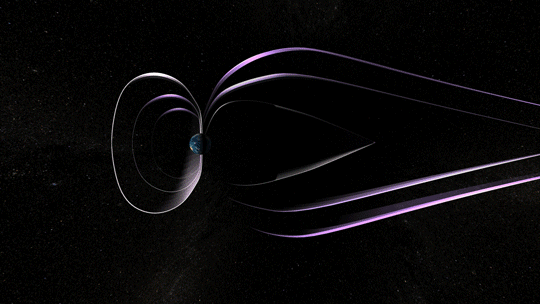animated image of a solar storm colliding with Earth's magnetosphere