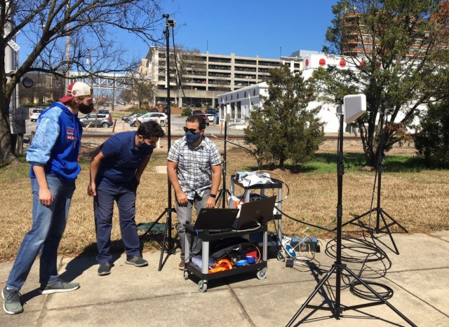 Students from the University of South Carolina (from left: Nathan Stofik, Nozhan Hosseini, and Hosseinali Jamal) work on their research project involving communications in aviation as part of NASA’s University Leadership Initiative.