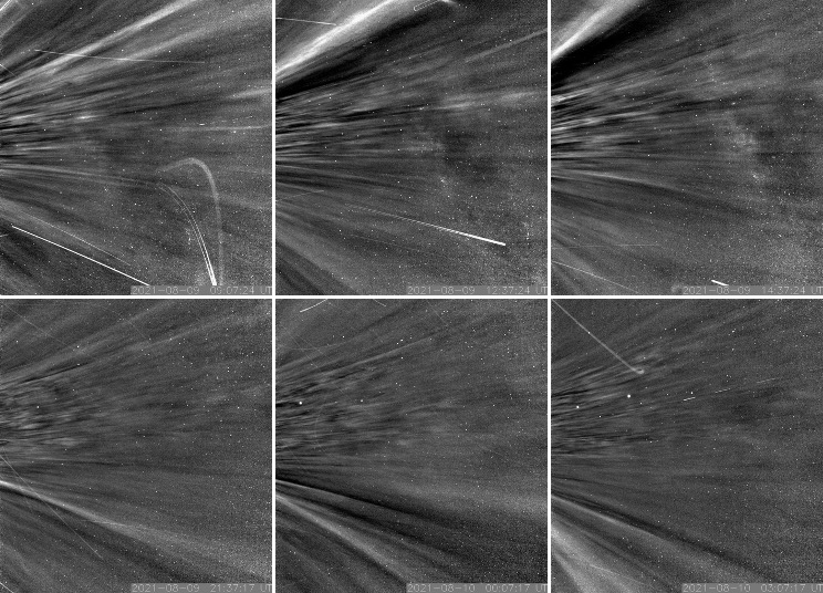 Six panels of images taken from inside a coronal streamer. They appear grayish with white streaks showing particles in the solar wind.
