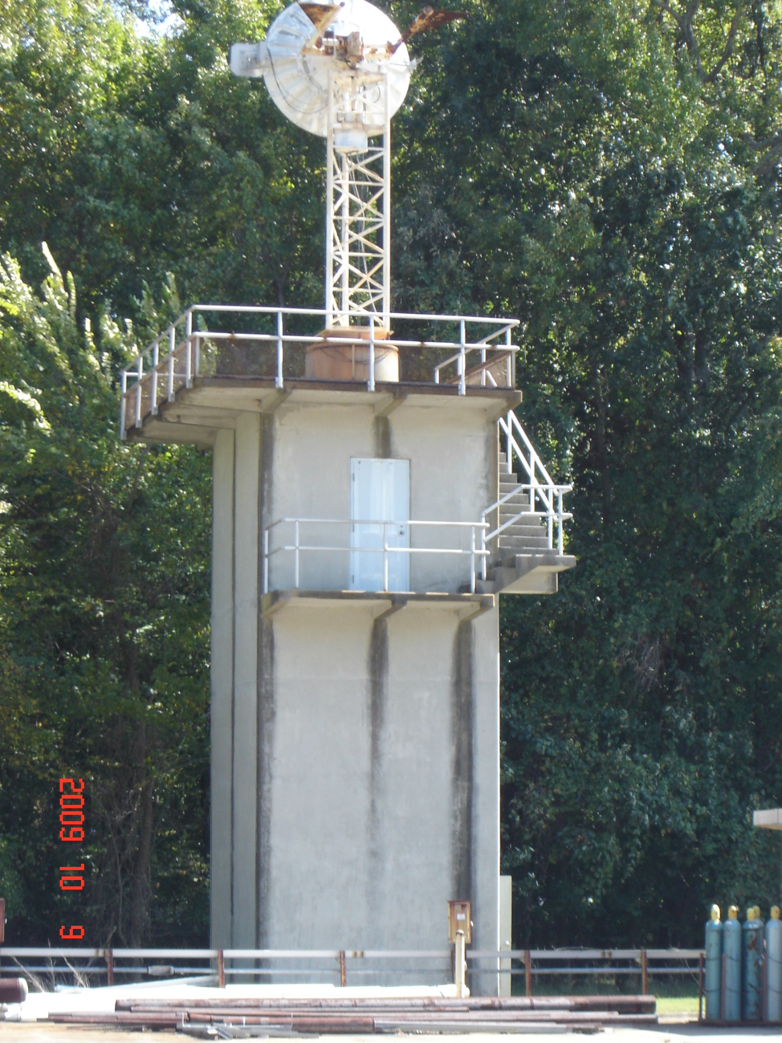 This is a photo of the exterior of the Microwave and VHF Communications Tower (Building 1299E) in 2009