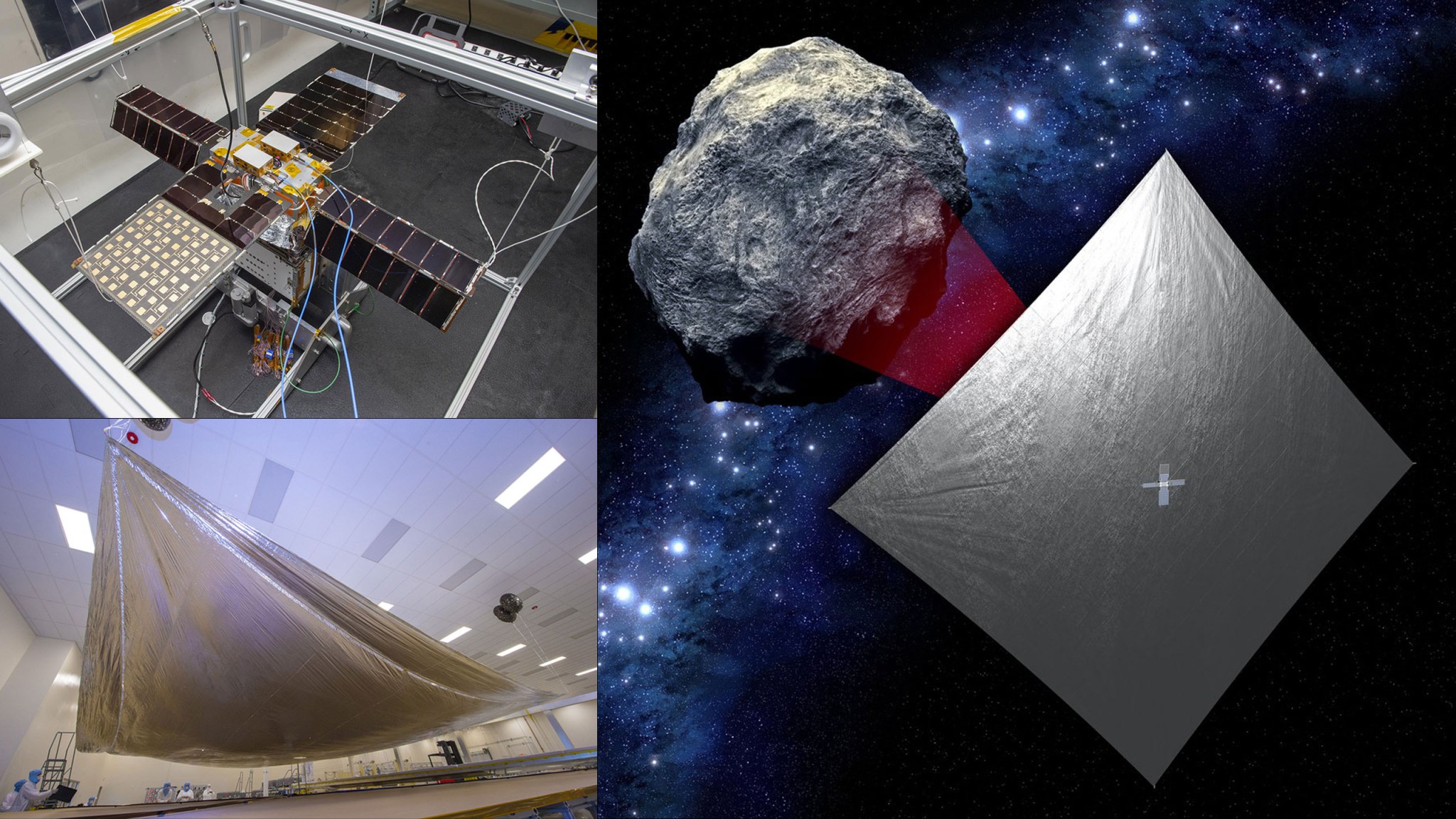 Top left: NEA Scout CubeSat, Bottom left: Aluminum-coated solar sail, Right: Illustration of the sail propelling NEA Scout to a small asteroid