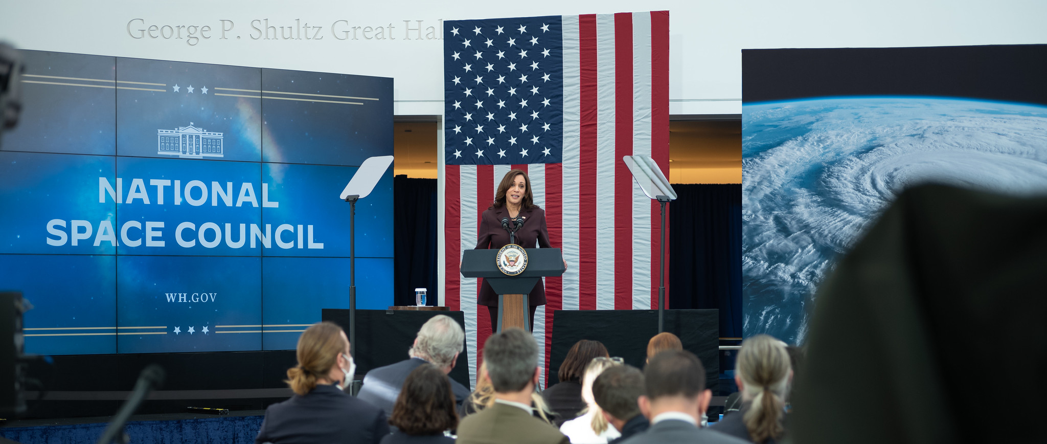 Vice President Kamala Harris delivers opening remarks at the first meeting of the National Space Council, Wednesday, Dec. 1, 2021, at the United States Institute of Peace in Washington. 