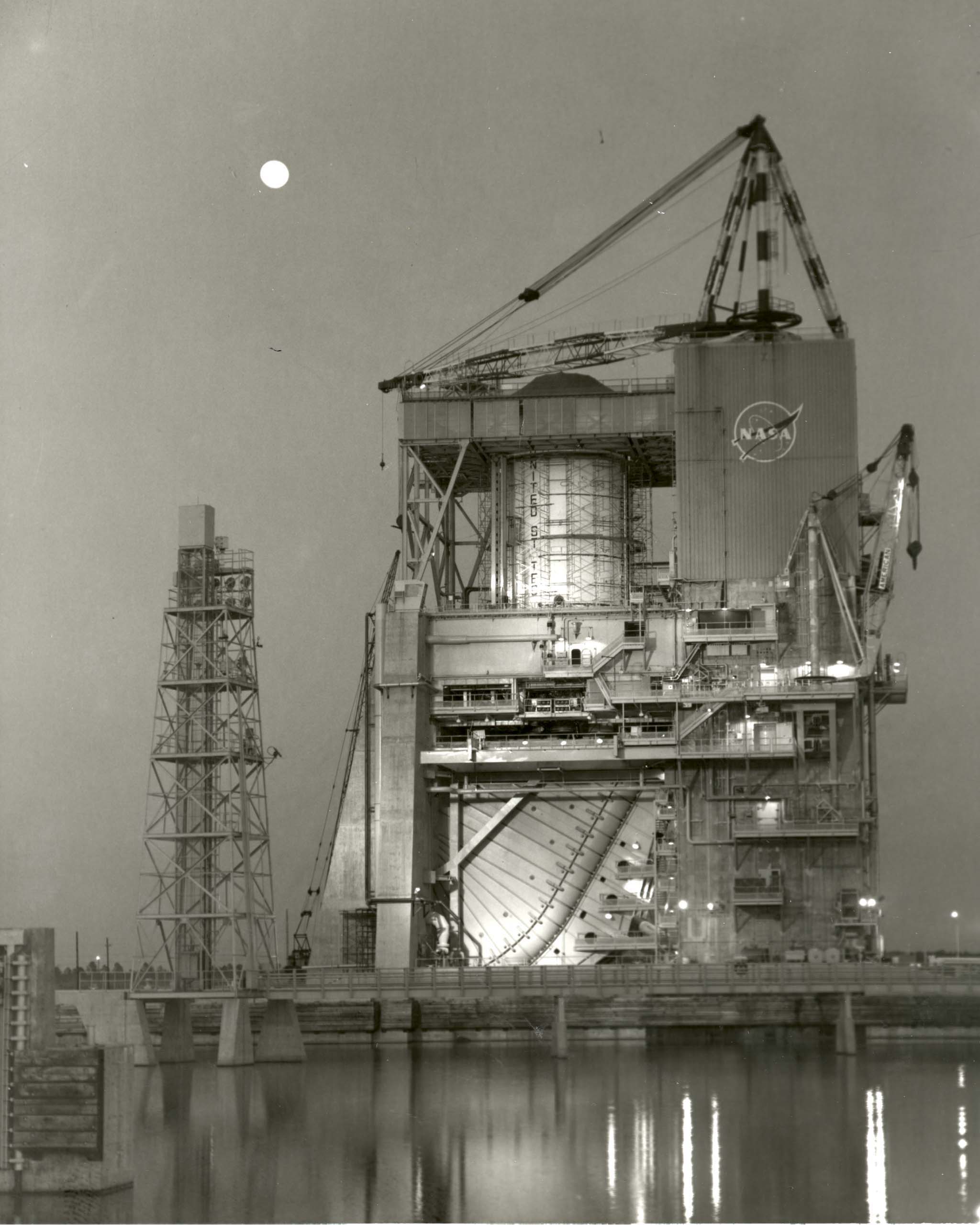 A bright moon in a clear sky over the Mississippi Test Facility, now Stennis Space Center