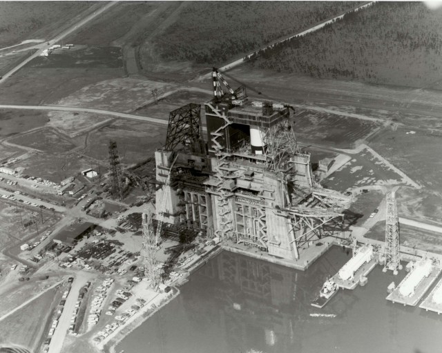 Aerial view of the B test stand at the Mississippi Test Facility where Stage 1 of the Saturn V rocket awaits testing