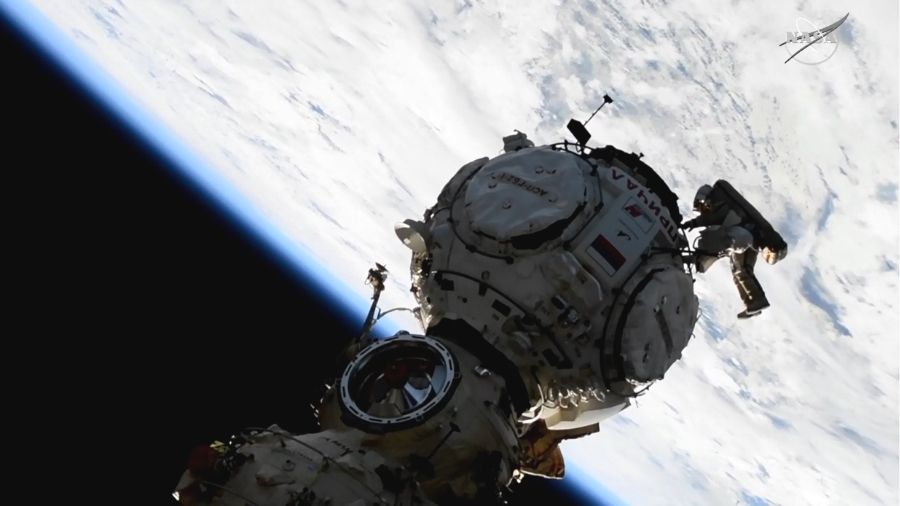 Cosmonaut Pyotr Dubrov works to configure and activate the Prichal module during a spacewalk on Jan. 19, 2022. Credit: NASA TV