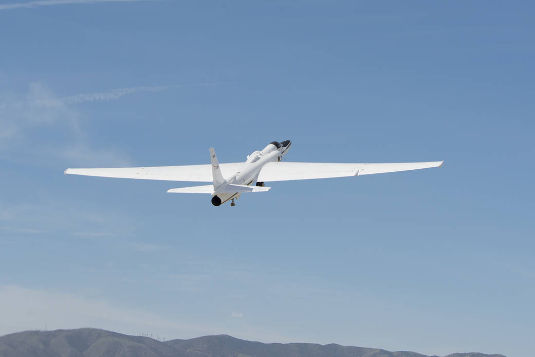 NASA’s ER-2, a high-altitude jet equipped with a suite of science instruments, takes off.