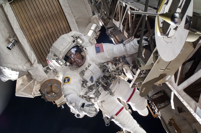 NASA astronaut Chris Cassidy,Expedition 36 flight engineer,participates in a session of extravehicular activity (EVA) as work continues on the International Space Station. During the six-hour,seven-minute spacewalk,Cassidy was preparing the space station for a new Russian module and performed additional installations on the stations backbone.