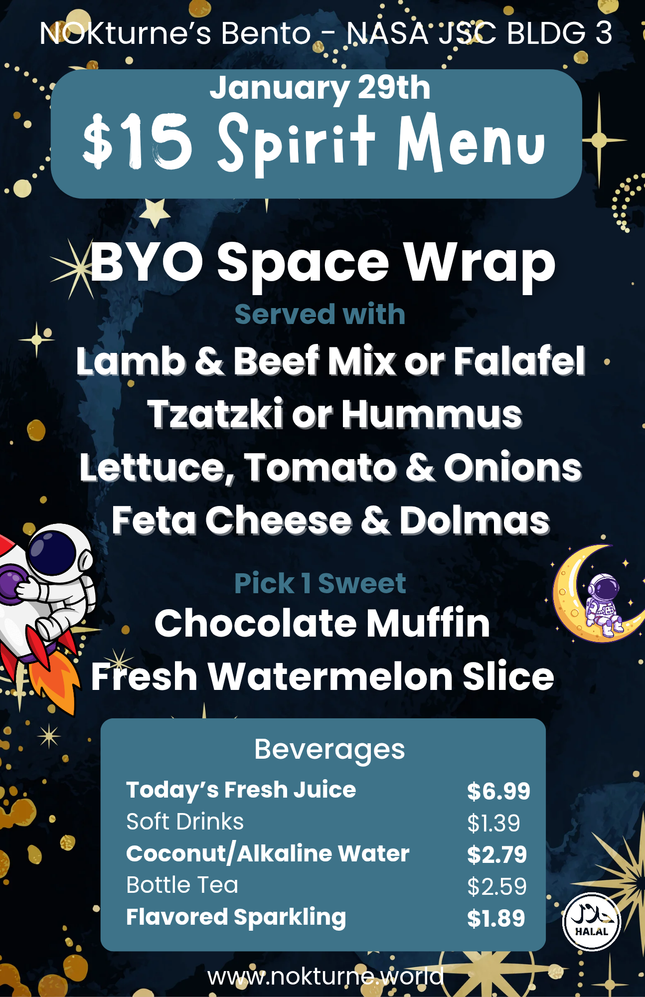 Artemis II Spirit Week menu for Nokturne, a food vendor at JSC.