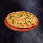 A cheese pizza floating in space.
