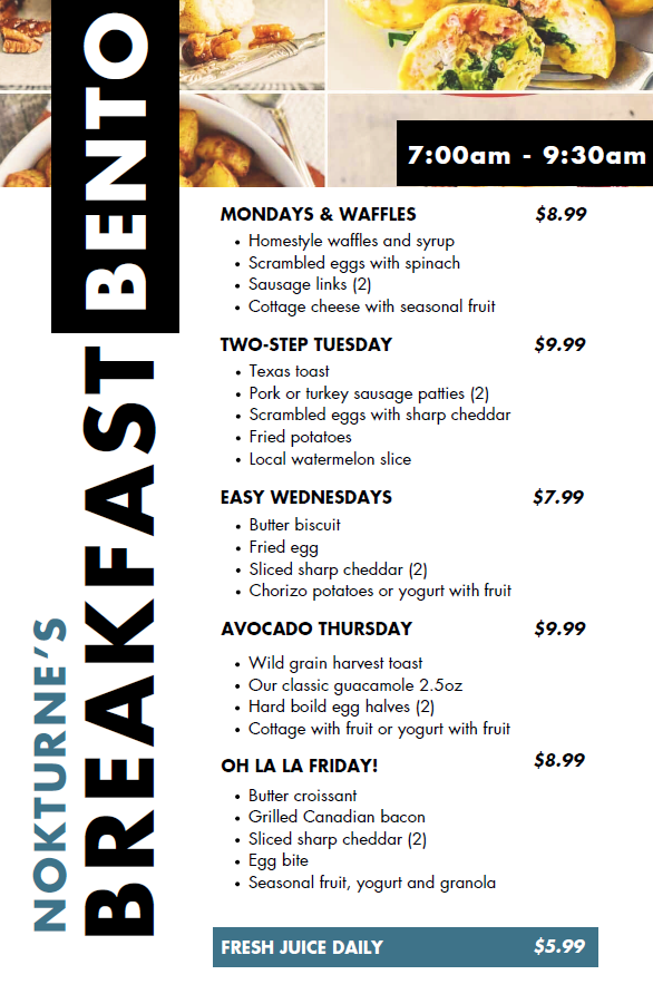 Nokturne Express breakfast menu for JSC Building 3.