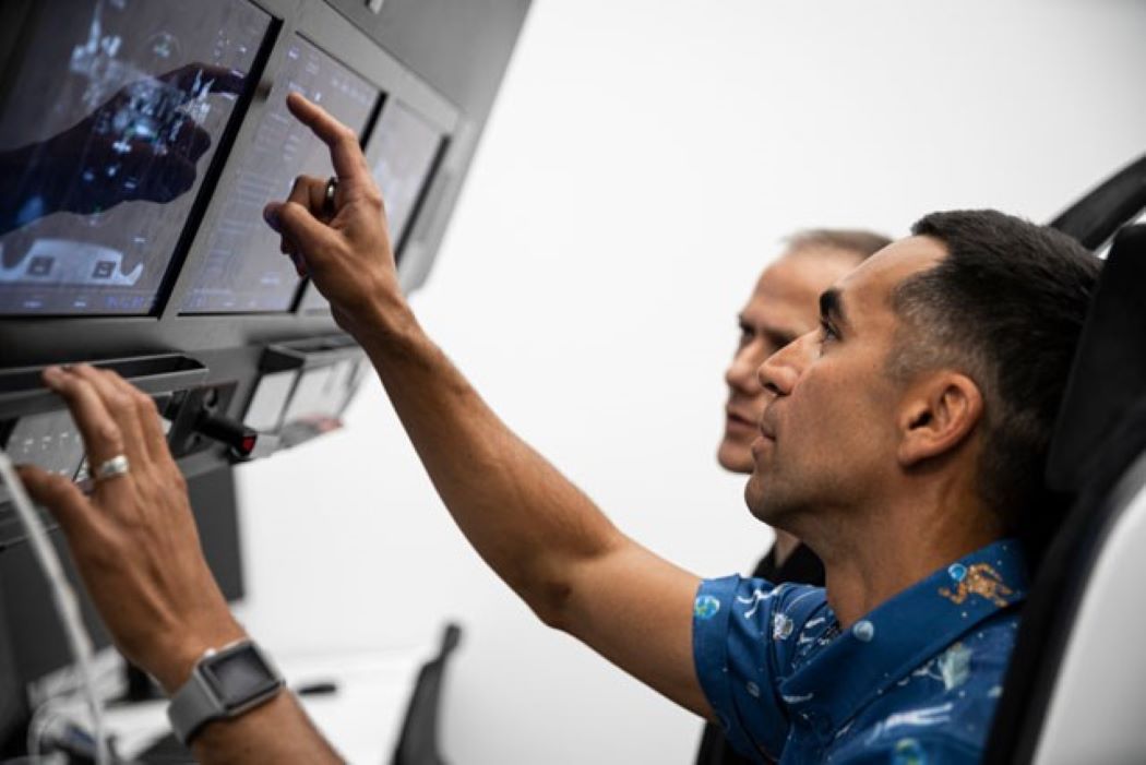 NASA astronauts Raja Chari and Thomas Marshburn during preflight training at SpaceX headquarters in Hawthorne, California. 