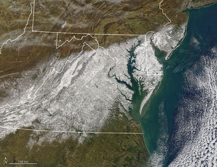 Satellite image of snowfall after a large storm dumped wet, heavy snow across the Mid-Atlantic region of the United States. 