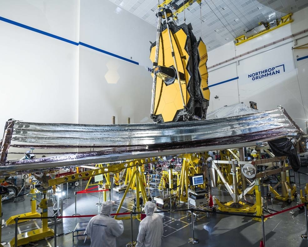 On Jan. 4, 2022, engineers successfully completed the deployment of the James Webb Space Telescope’s sunshield, seen here during its final deployment test on Earth in December 2020 at Northrop Grumman in Redondo Beach, California. 