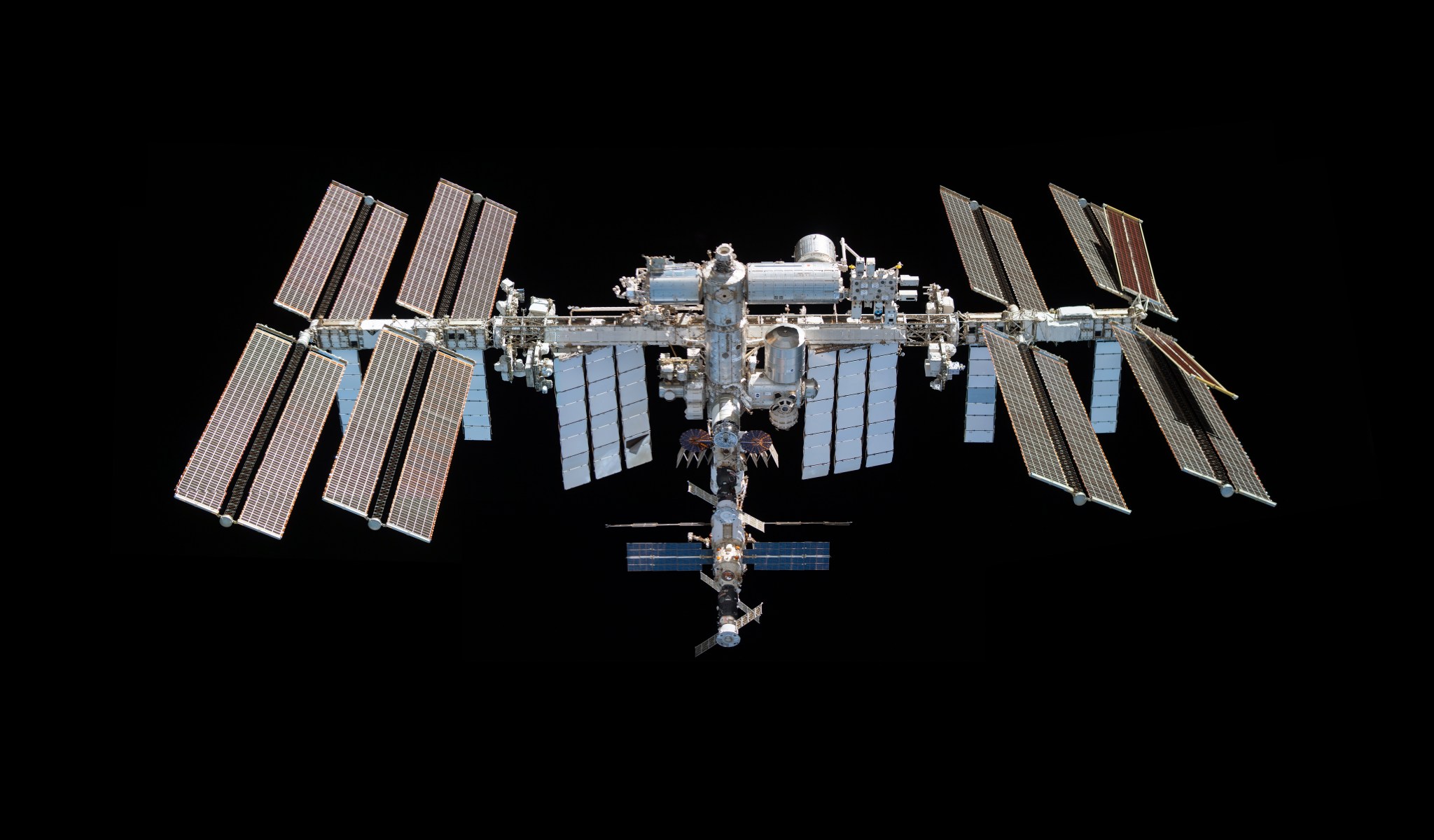 This mosaic depicts the International Space Station pictured from the SpaceX Crew Dragon Endeavor Nov. 8, 2021. 