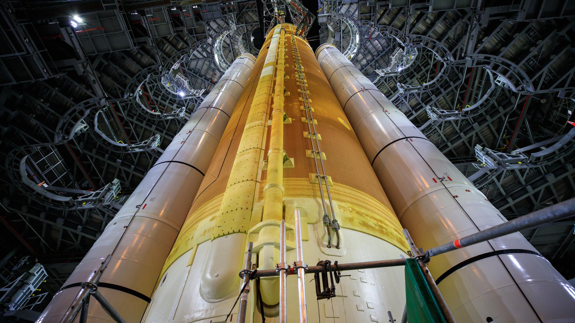 A close-up view of the Artemis I Space Launch System rocket inside High Bay 3 of the Vehicle Assembly Building at NASA’s Kennedy Space Center in Florida on Sept. 20, 2021.