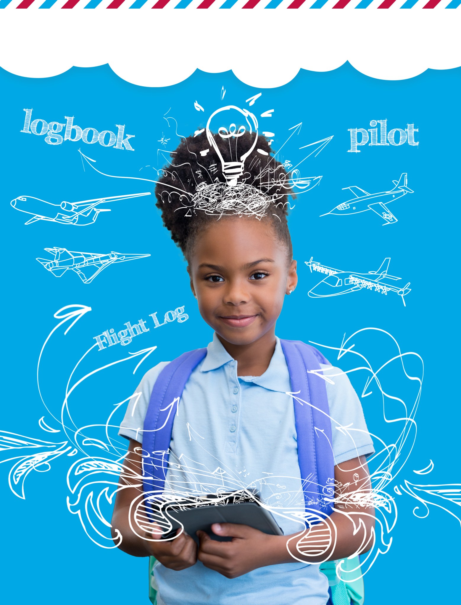 A young school student holding a tablet with scribbles and drawings and text (X-Plane, research, innovation) floating around her.